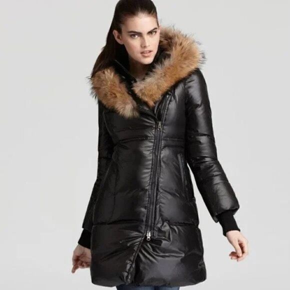Mackage Liz Black Poly Fill Puffer Coat with Genuine Fur Trim Split Hood - Picture 1 of 13
